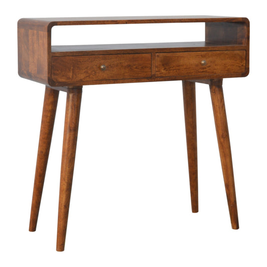 Curved Chestnut Console Table styled in a hallway setting