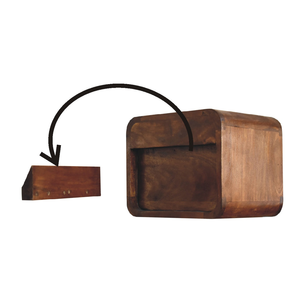 Curved Floating Mini Bedside Shelf, three-quarter angle view