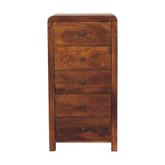 Chestnut Curved Storage Cabinet styled in a bedroom setting