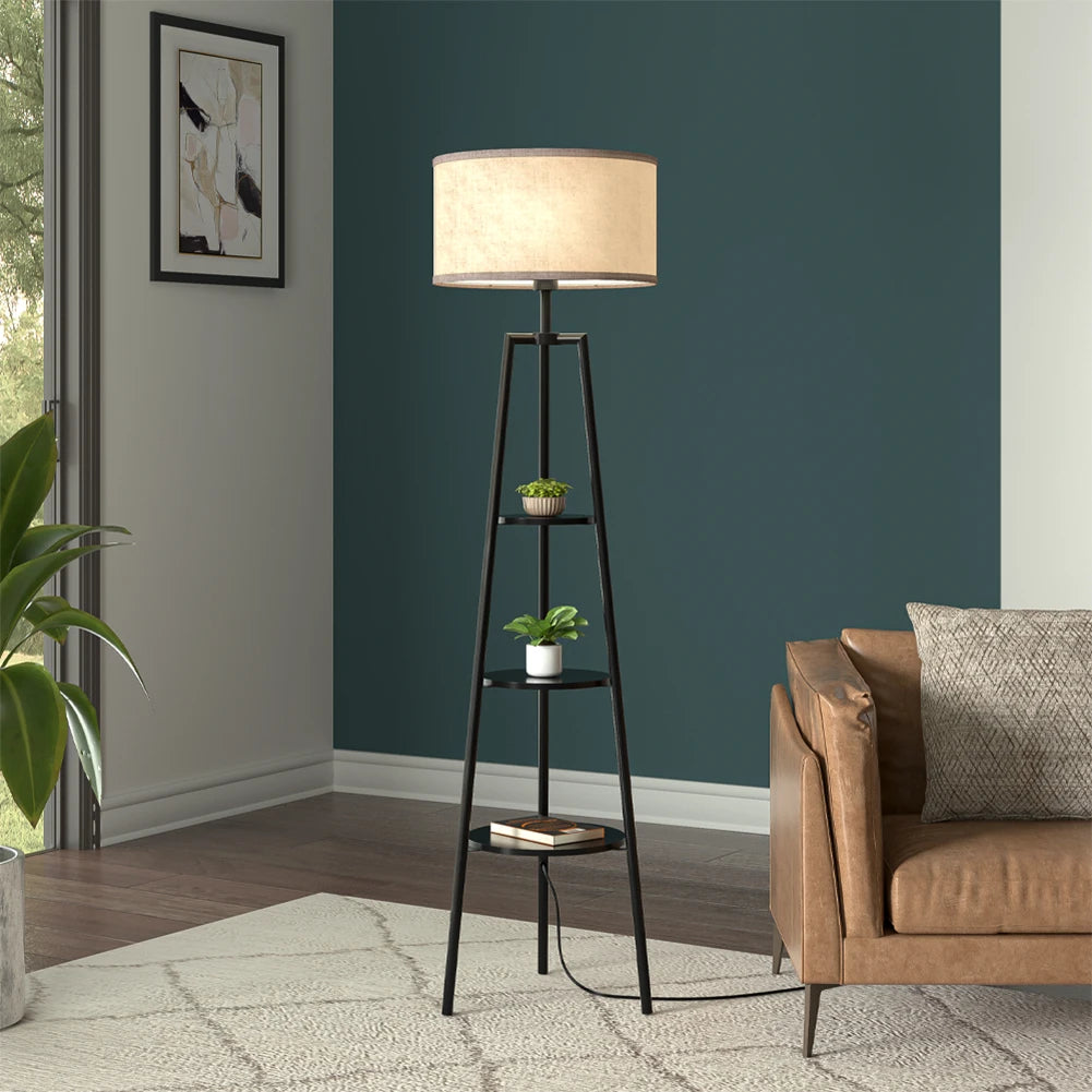 Round Fabric Floor Lamp with Shelf