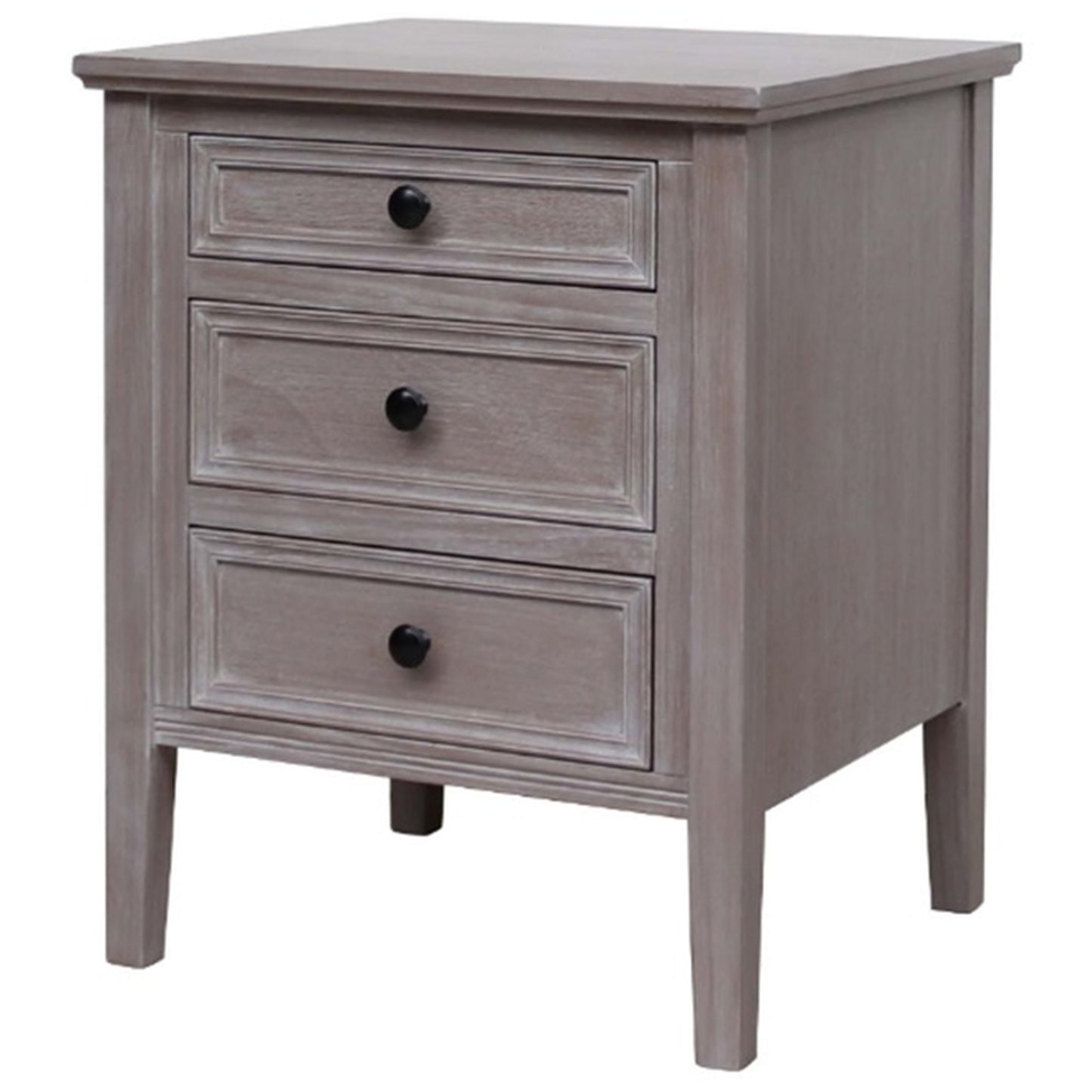 Distressed Grey Three-Drawer Bedside Table