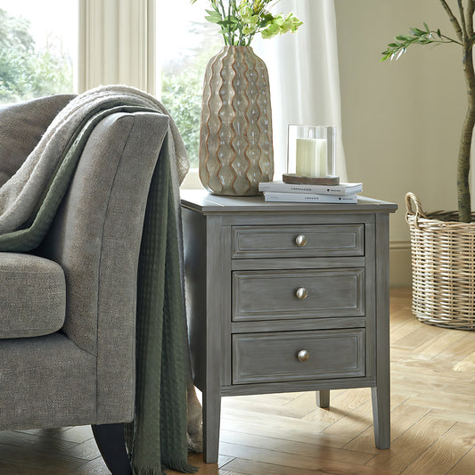 Distressed Grey Three-Drawer Bedside Table