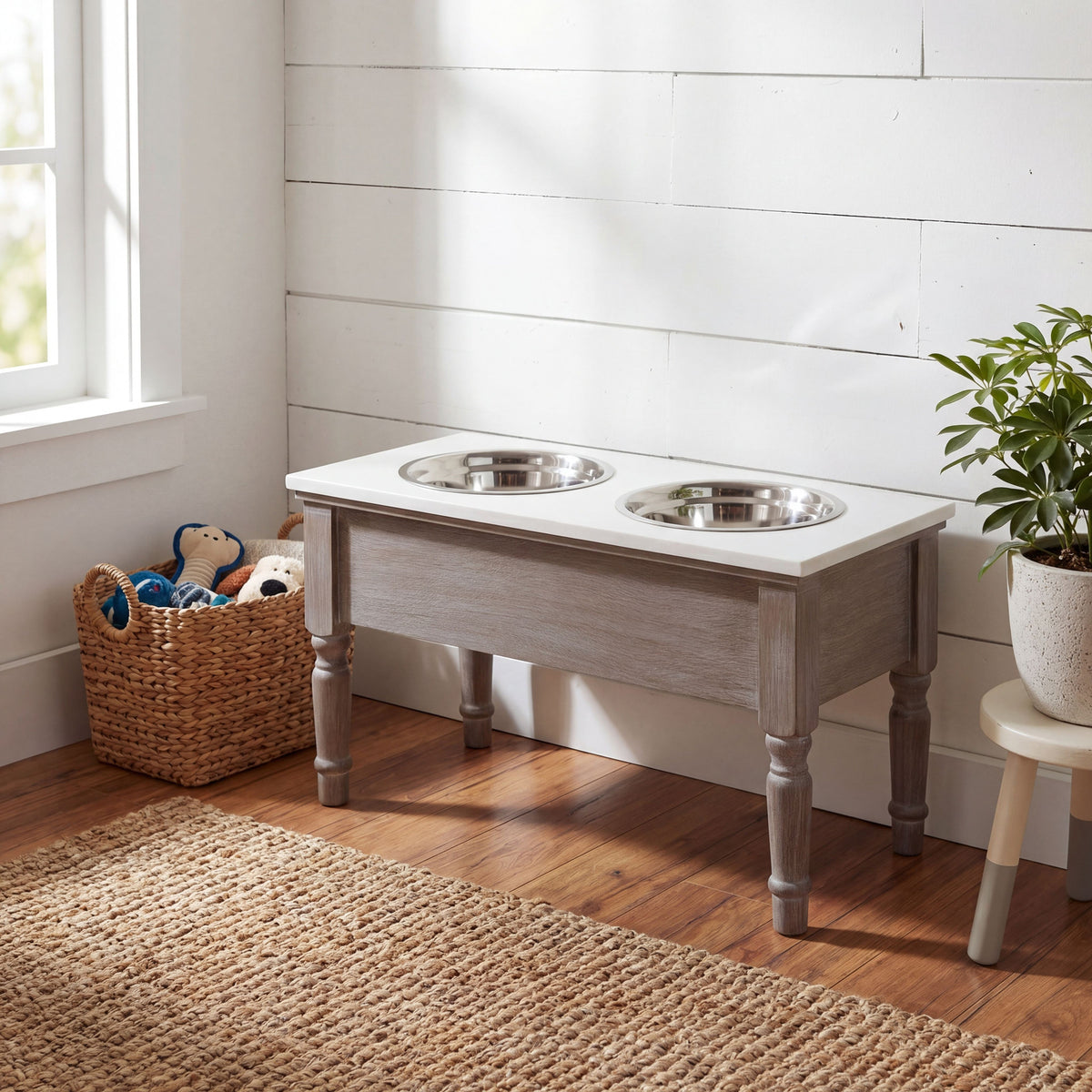 Textured Wood Pet Feeder Table