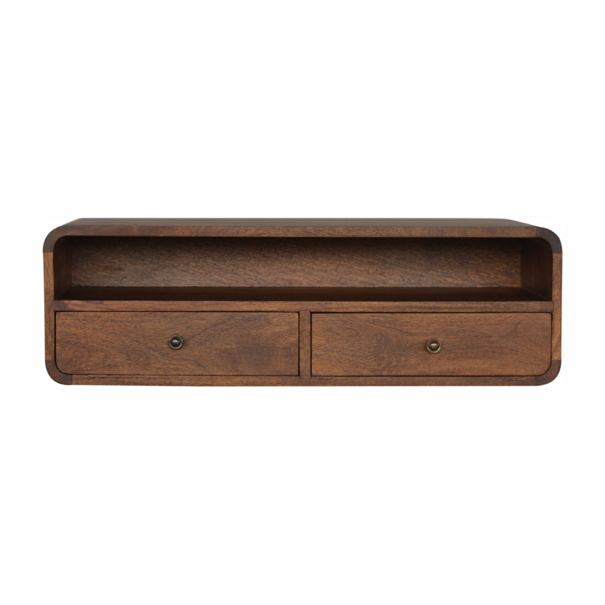Floating Curved Open Console mounted on wall in a living room