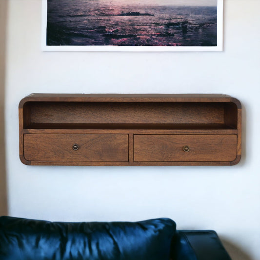 Floating Curved Open Console in chestnut finish, front view