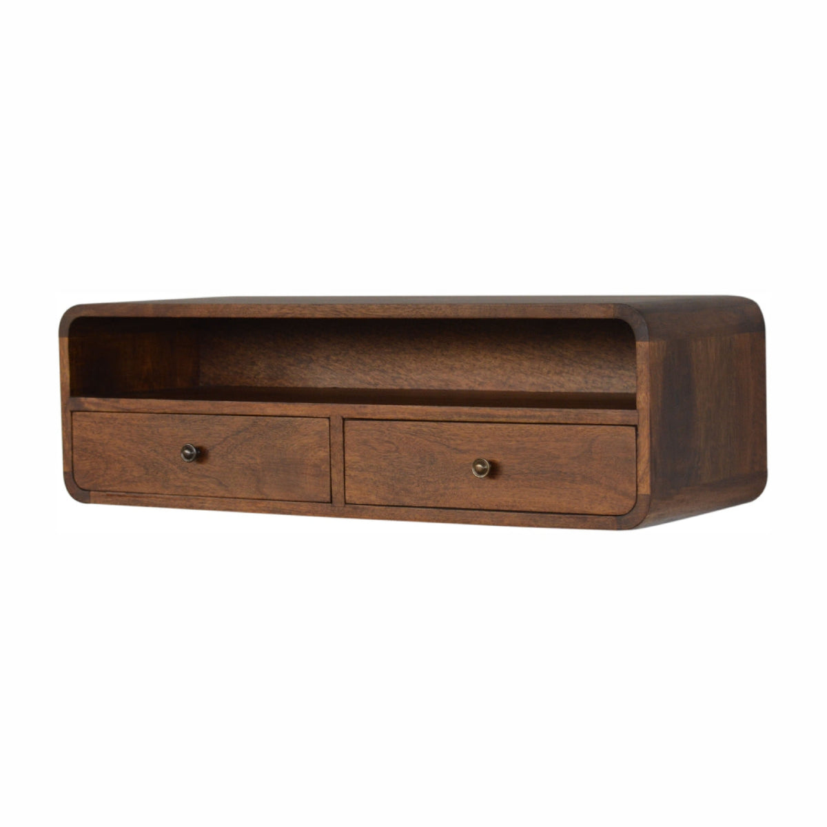 Close-up of the Floating Curved Open Console's drawers and open shelf