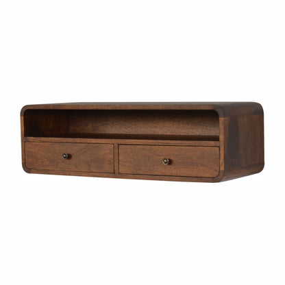 Close-up of the Floating Curved Open Console's drawers and open shelf