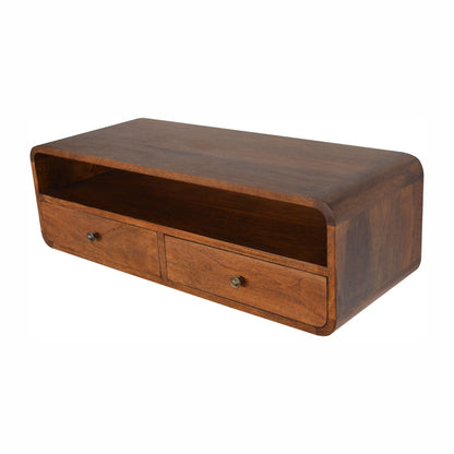 Floating Curved Open Console styled with decor on open shelf