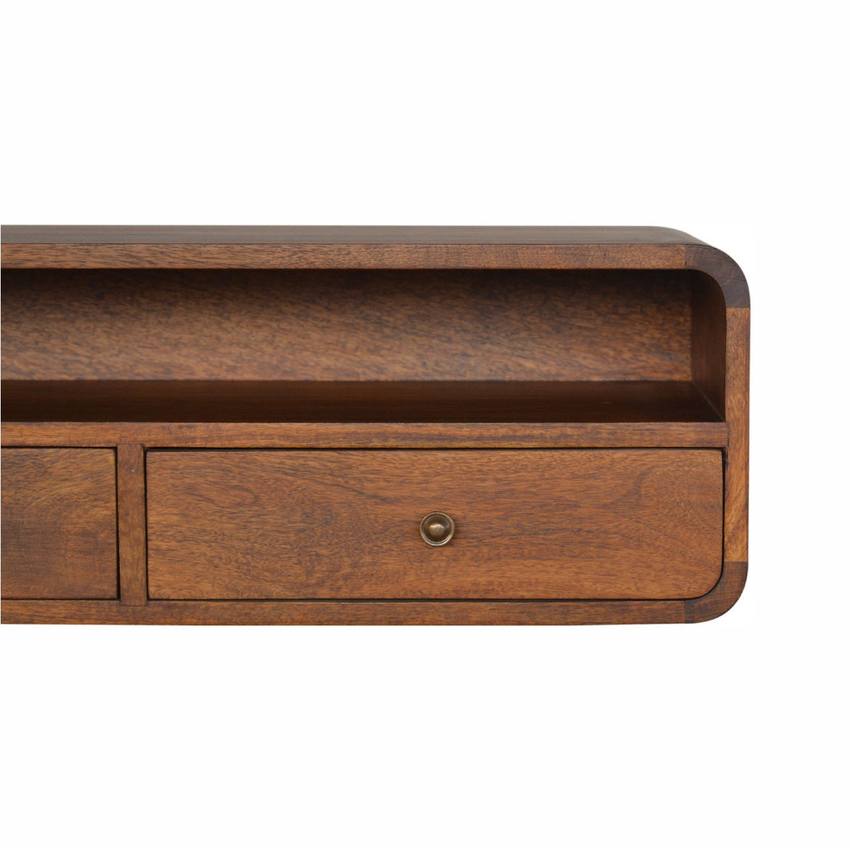 Floating Curved Open Console, drawer open showing storage space
