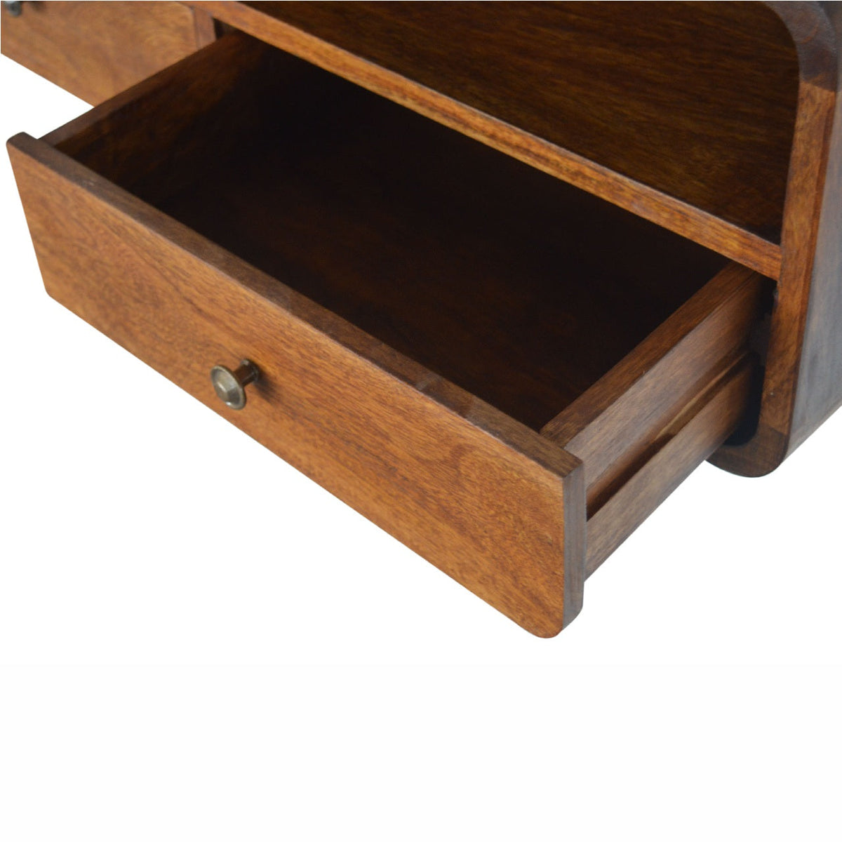 Detail view of the Floating Curved Open Console's solid mango wood grain