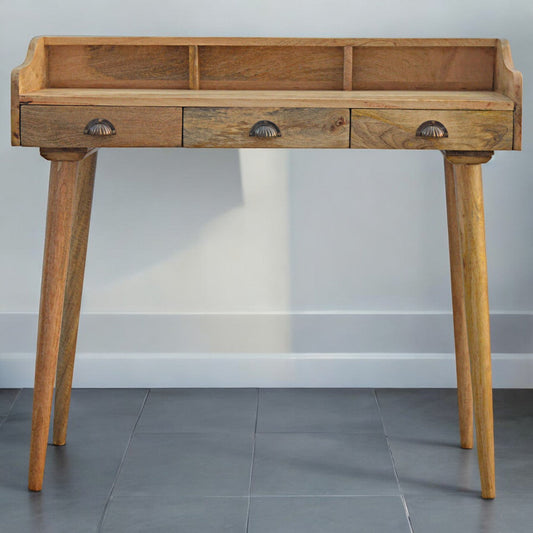 Gallery Wooden Writing Desk in oak-ish finish, front view with gallery back