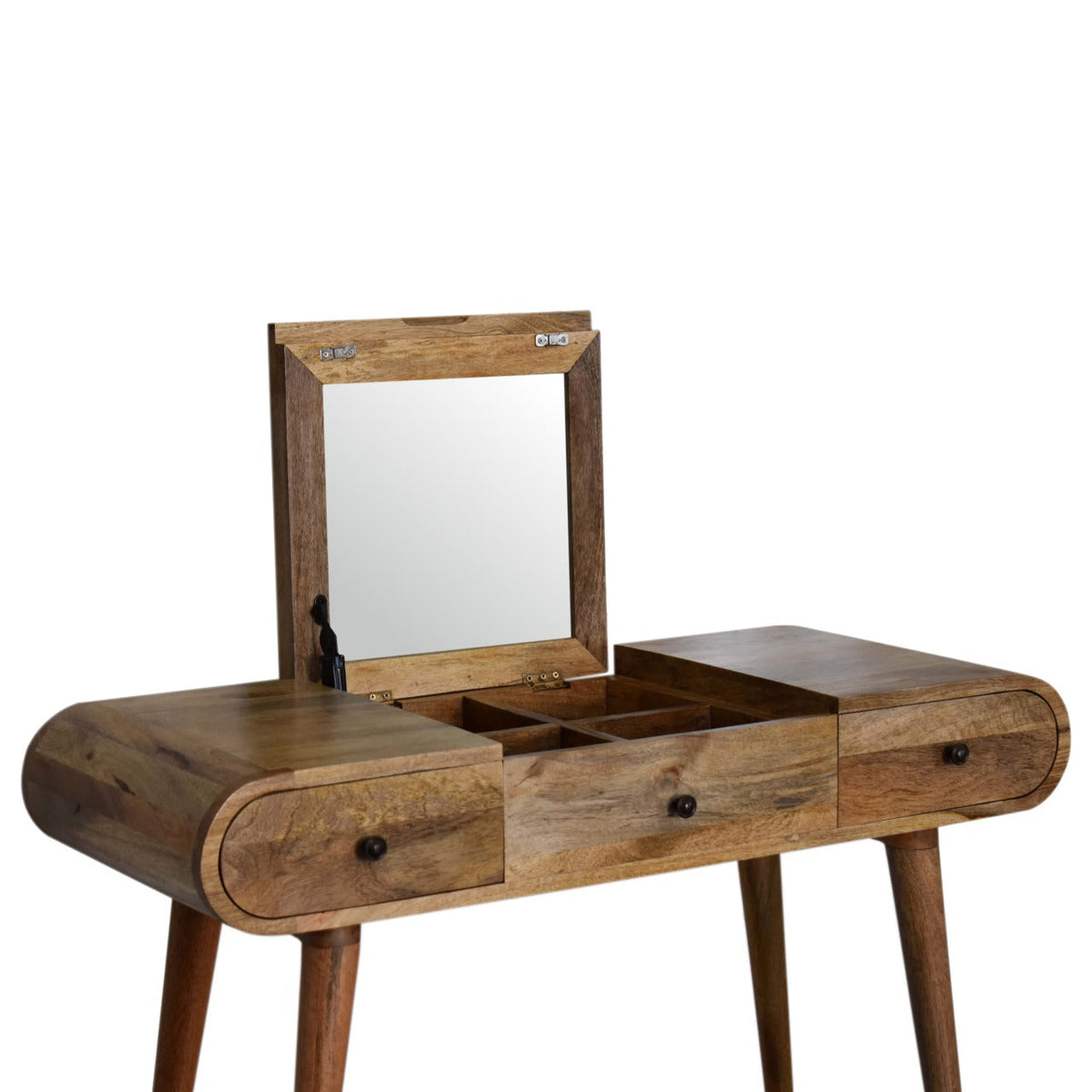 Round Dressing Table with Folding Mirror, side profile showing Nordic-style legs