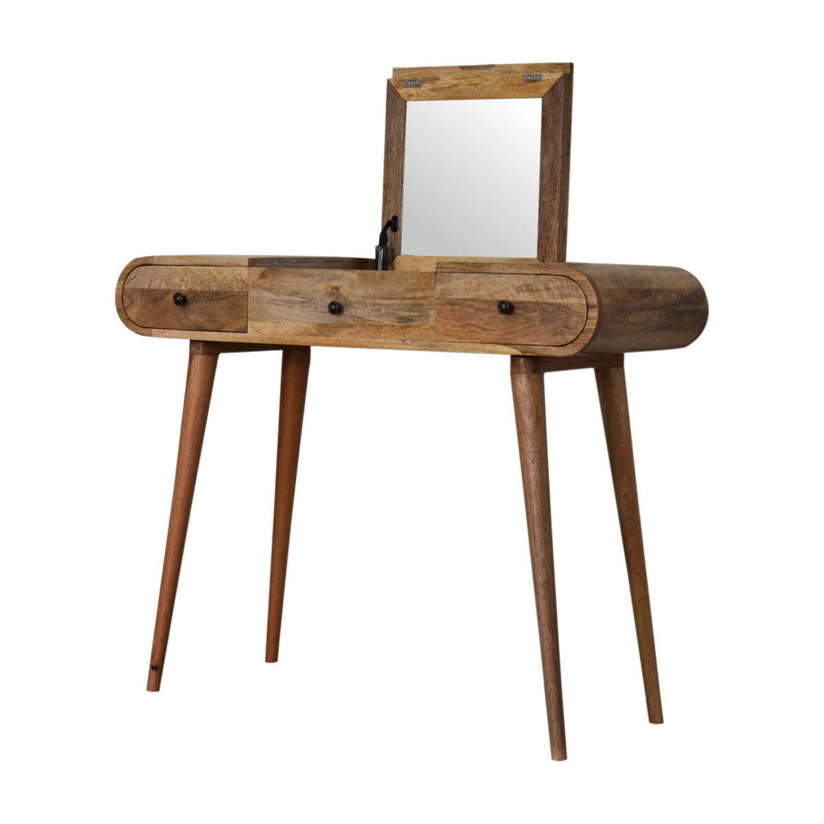 Round Dressing Table with Folding Mirror, drawer open showing storage space