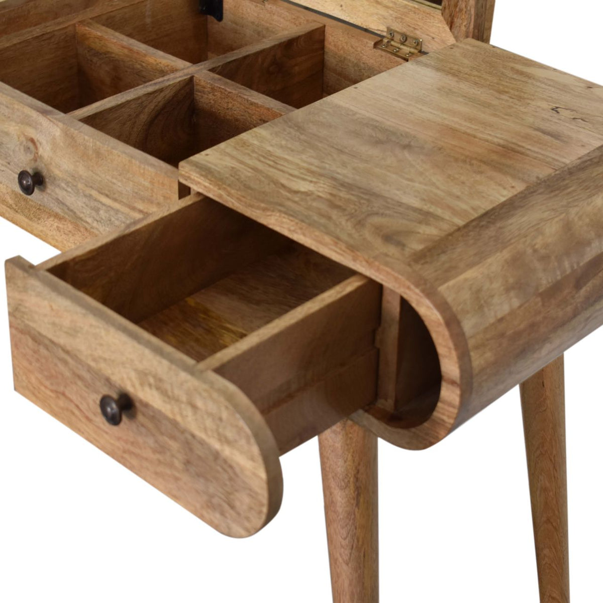 Round Dressing Table with Folding Mirror, top-down view