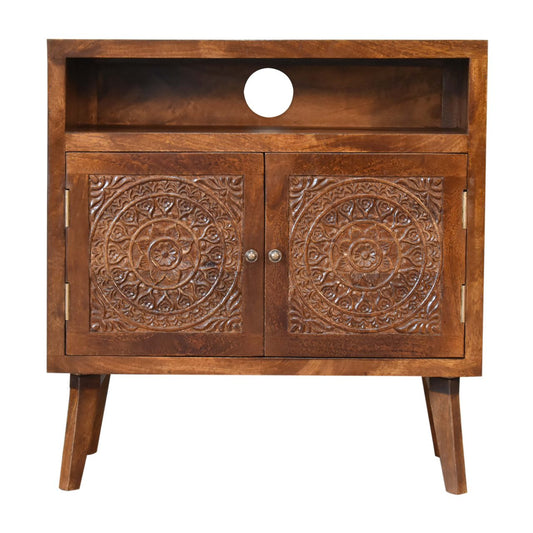 Wooden Embroidered Shelf Cabinet in chestnut finish, front view