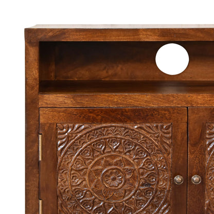 Wooden Embroidered Shelf Cabinet, door open showing storage space