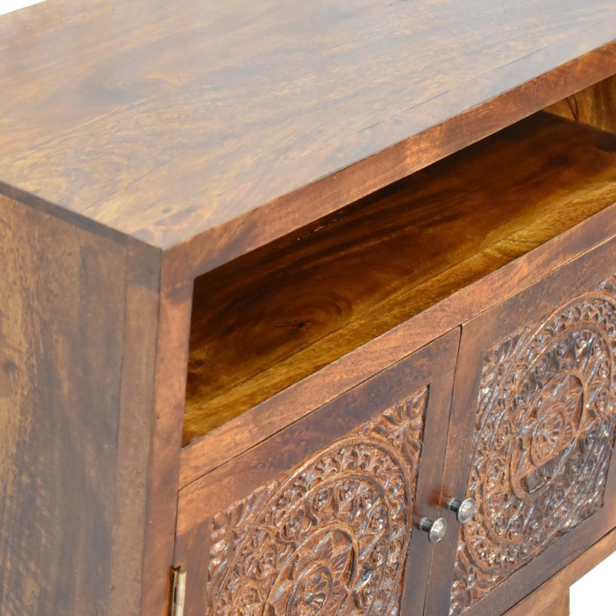 Wooden Embroidered Shelf Cabinet's open top shelf styled with decor