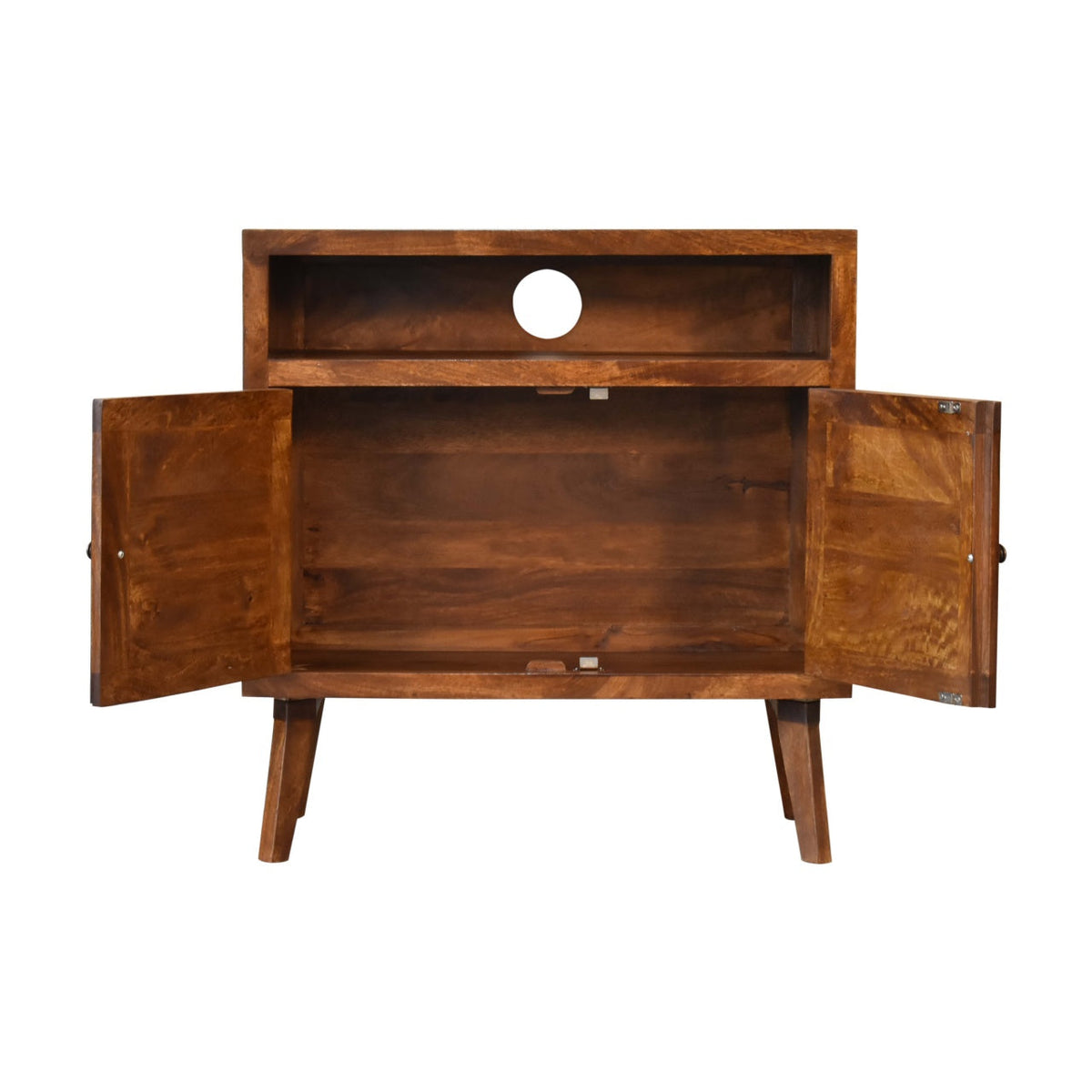 Close-up of the Wooden Embroidered Shelf Cabinet's brass knobs