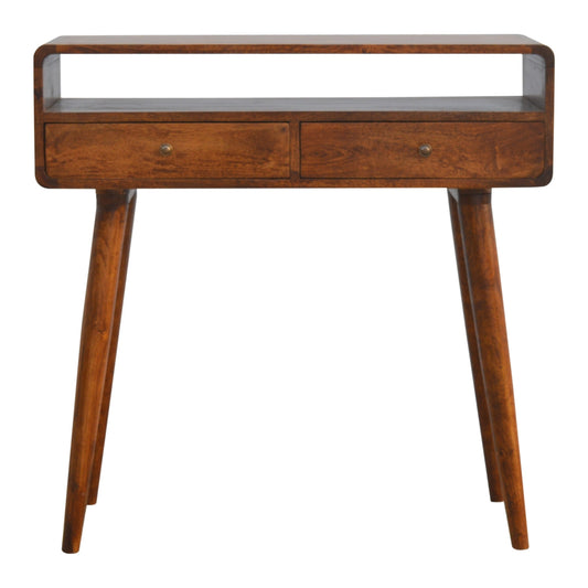 Curved Chestnut Console Table in solid mango wood, front view