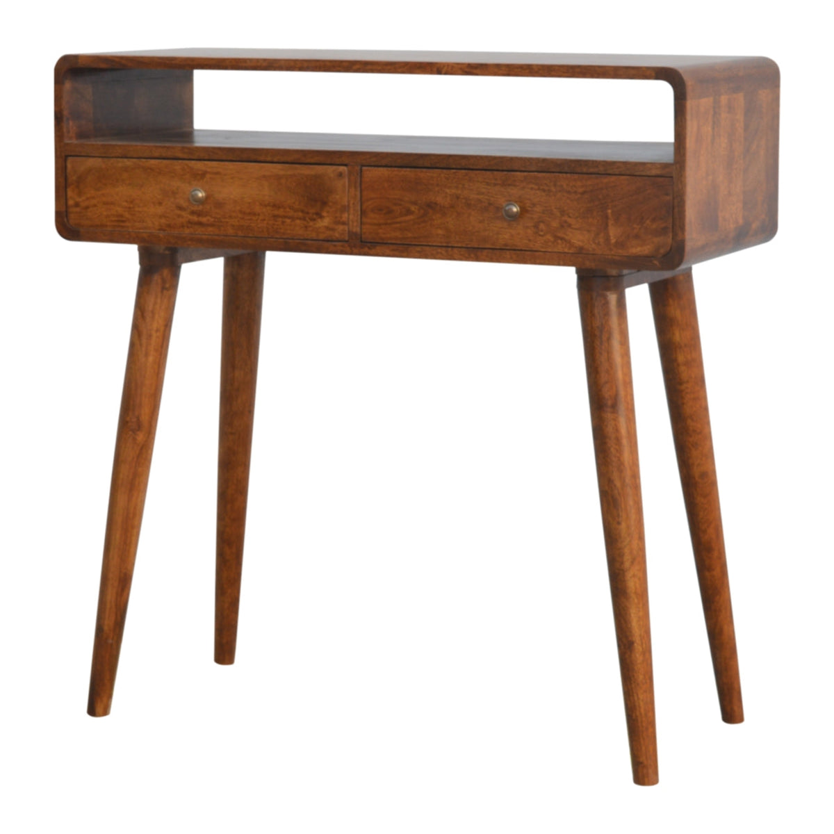 Close-up of the Curved Chestnut Console Table's drawer knobs and open slot