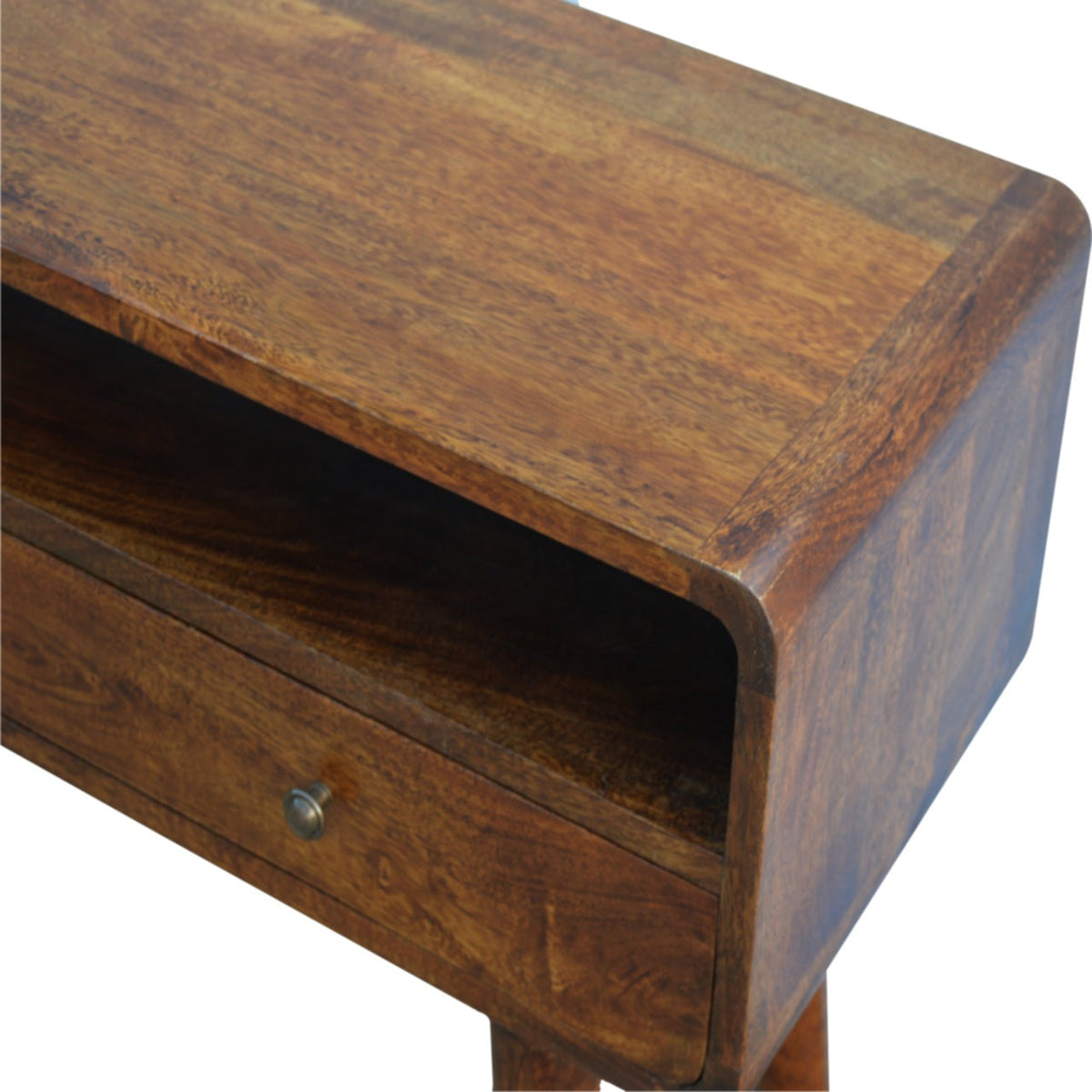 Curved Chestnut Console Table, side profile showing curved edges