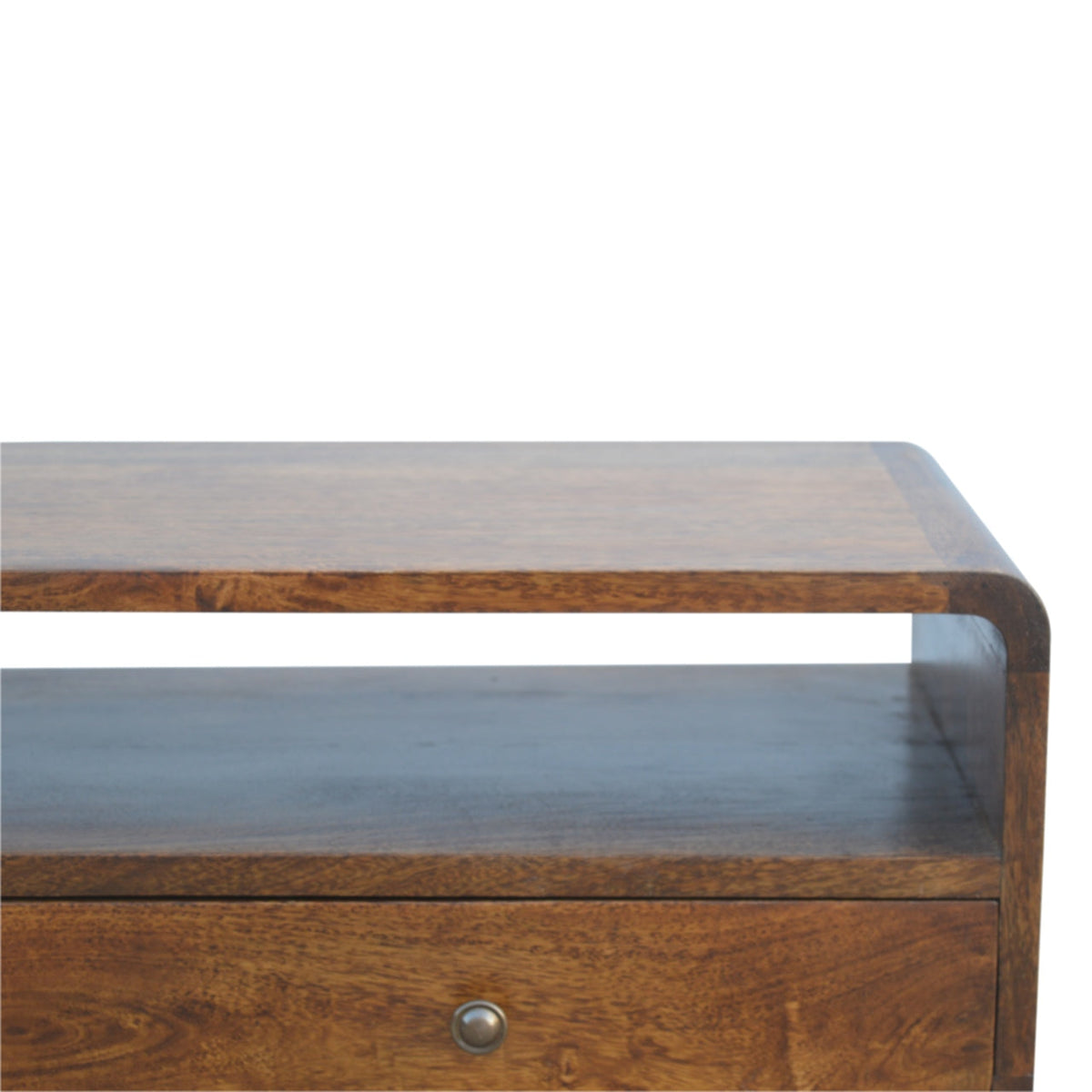 Curved Chestnut Console Table, drawer open showing storage space