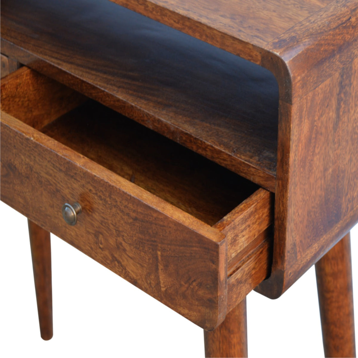 Detail view of the Curved Chestnut Console Table's wood grain