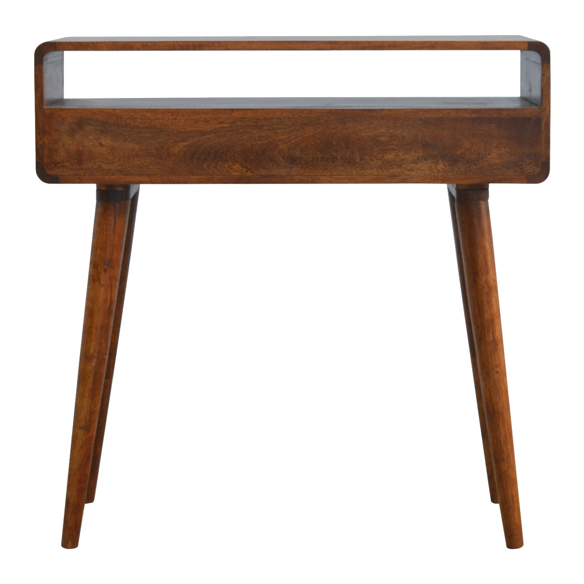 Curved Chestnut Console Table, three-quarter angle view