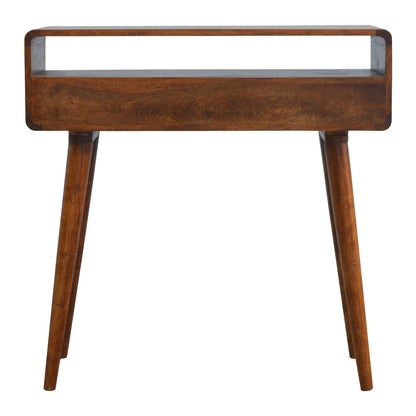 Curved Chestnut Console Table, three-quarter angle view
