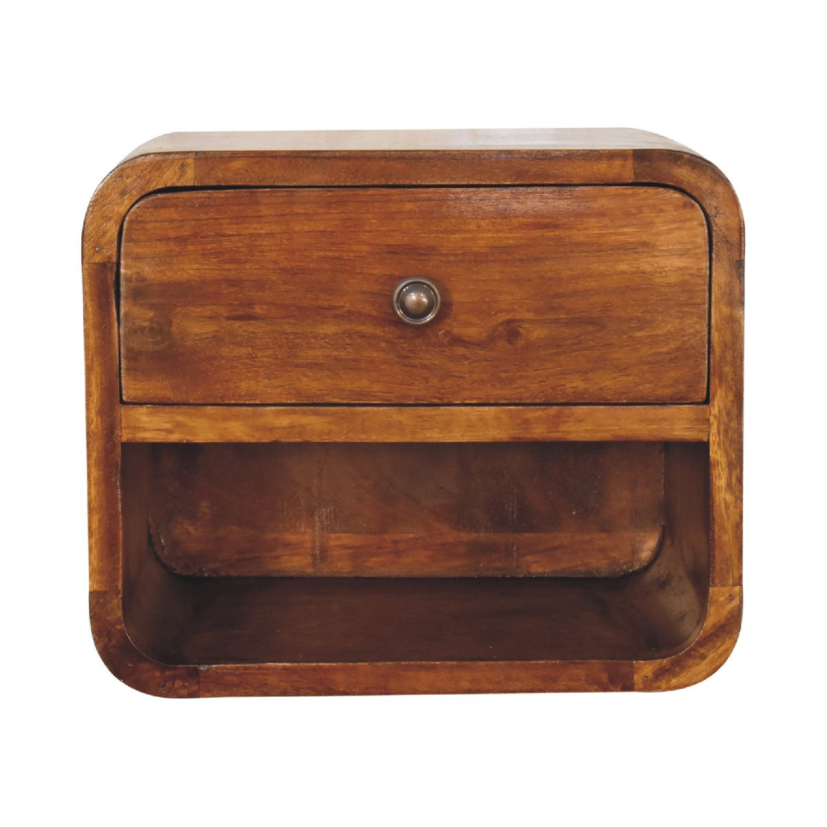 Curved Floating Mini Bedside Shelf mounted on wall beside a bed