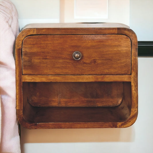 Curved Floating Mini Bedside Shelf in chestnut finish, front view