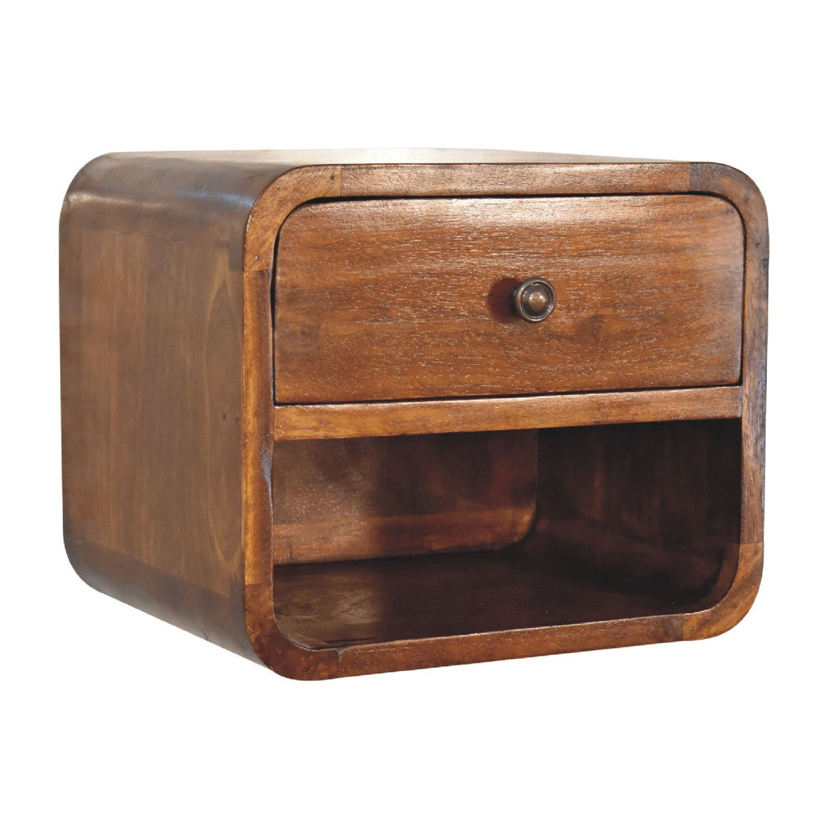 Close-up of the Curved Floating Mini Bedside Shelf's drawer and open slot