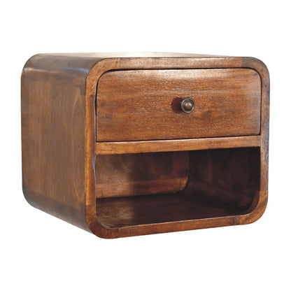 Close-up of the Curved Floating Mini Bedside Shelf's drawer and open slot