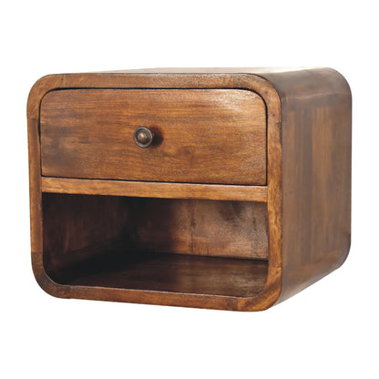 Curved Floating Mini Bedside Shelf, side angle showing curved edges