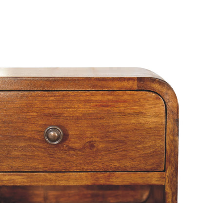 Curved Floating Mini Bedside Shelf styled with a lamp and decor