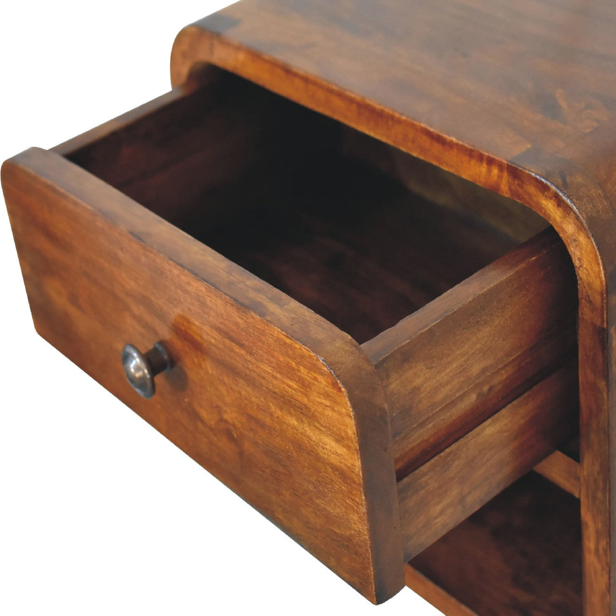 Curved Floating Mini Bedside Shelf, drawer open showing storage space