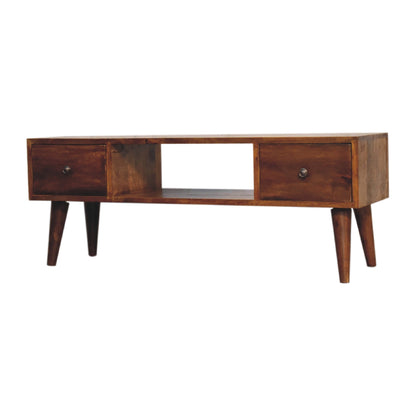 Close-up of the Classic Chestnut Coffee Table's wood grain and finish