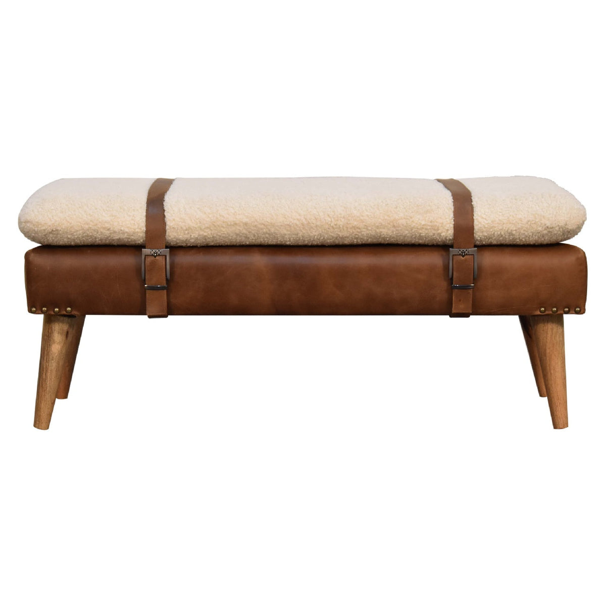Bouclé Buffalo Hide Leather Bench styled in a bedroom setting