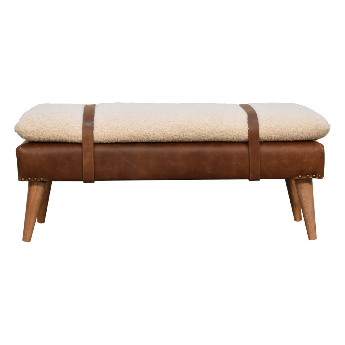 Bouclé Buffalo Hide Leather Bench styled at the foot of a bed