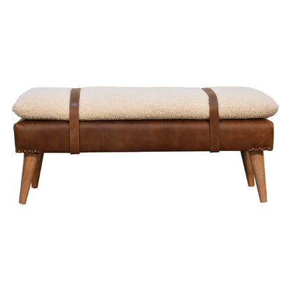 Bouclé Buffalo Hide Leather Bench styled at the foot of a bed