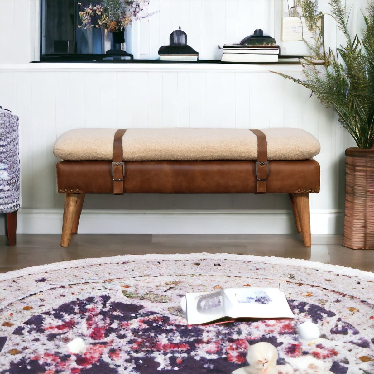 Bouclé Buffalo Hide Leather Bench, front view with belted strap detail