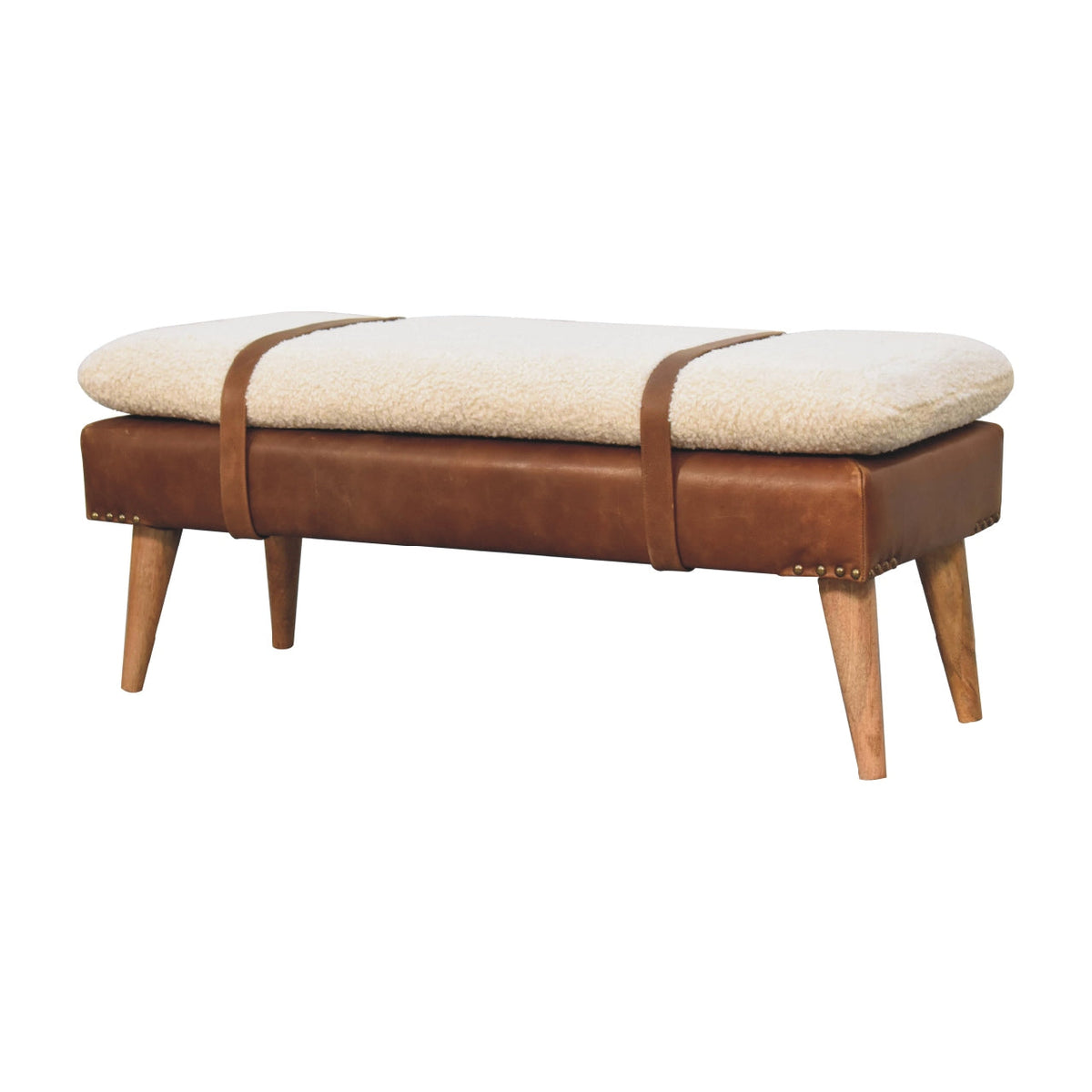 Close-up of the Bouclé Buffalo Hide Leather Bench's textured upholstery