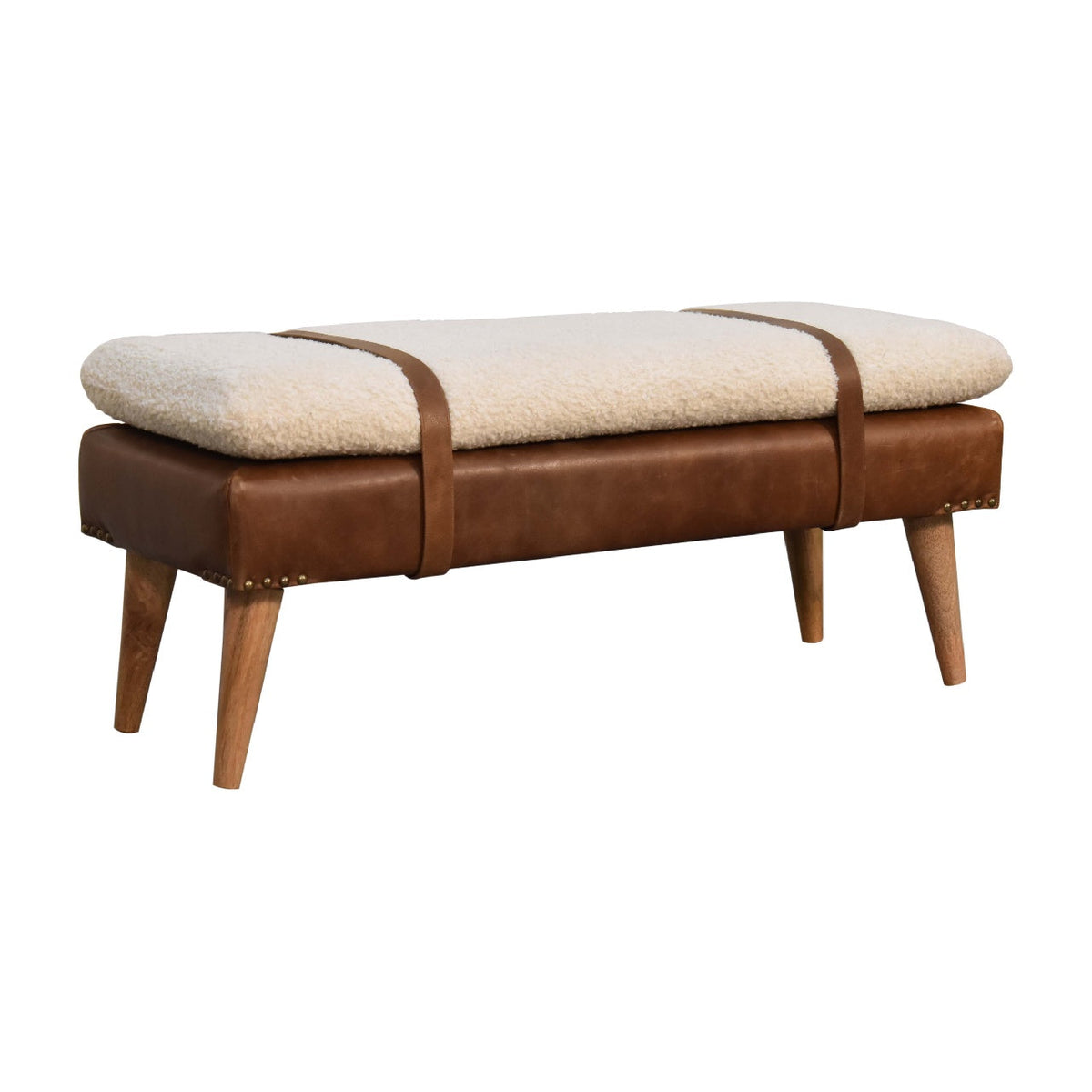 Bouclé Buffalo Hide Leather Bench, side profile showing oak-ish wood legs