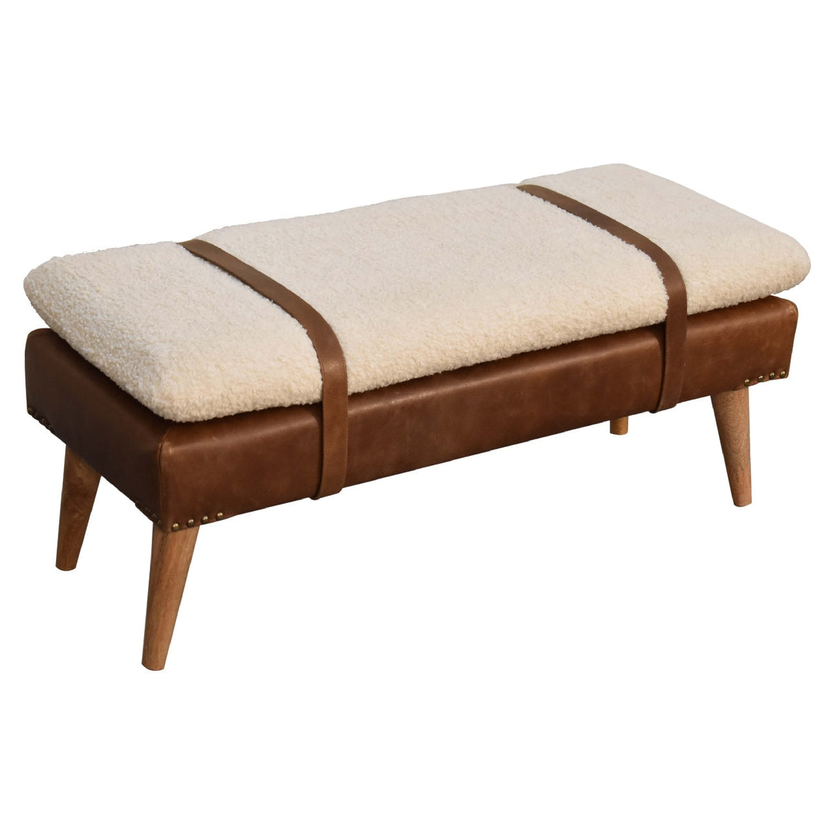 Detail view of the Bouclé Buffalo Hide Leather Bench's buffalo hide leather panel