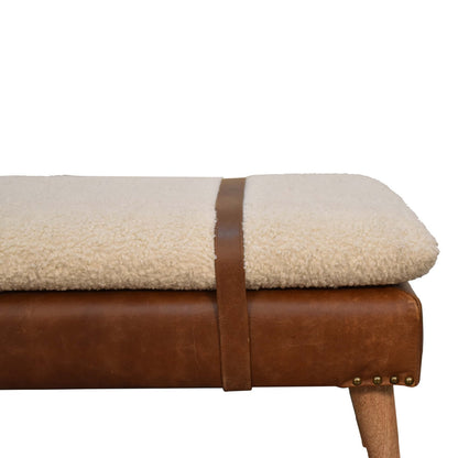 Bouclé Buffalo Hide Leather Bench, three-quarter angle view