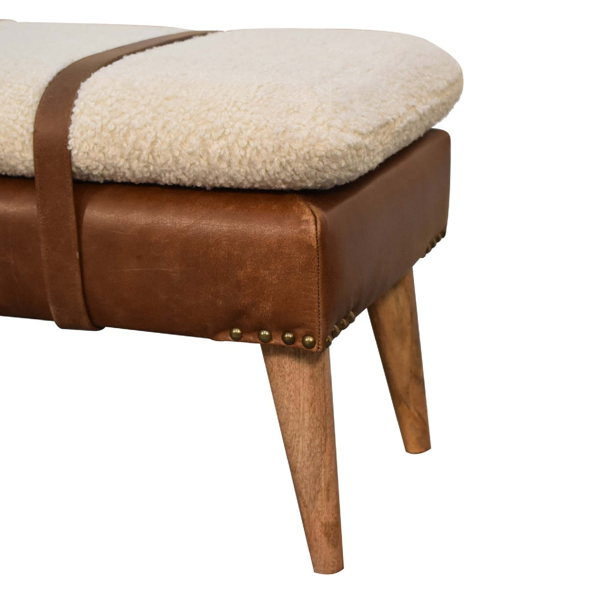 Bouclé Buffalo Hide Leather Bench, close-up of belted strap design
