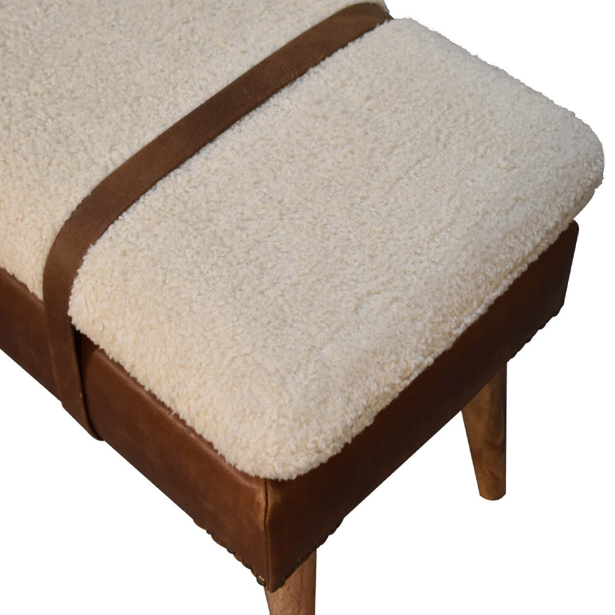 Bouclé Buffalo Hide Leather Bench, top-down view of seat cushion