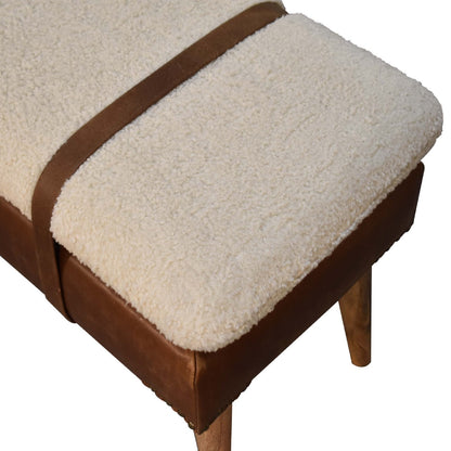 Bouclé Buffalo Hide Leather Bench, top-down view of seat cushion