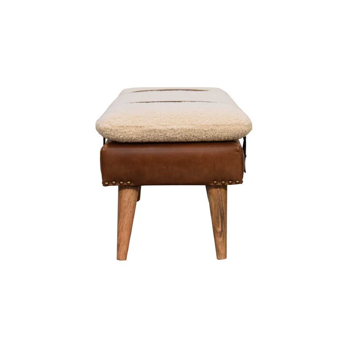 Bouclé Buffalo Hide Leather Bench, close-up of wood leg joinery
