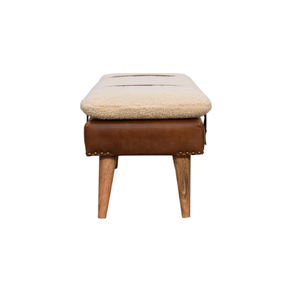 Bouclé Buffalo Hide Leather Bench, close-up of wood leg joinery